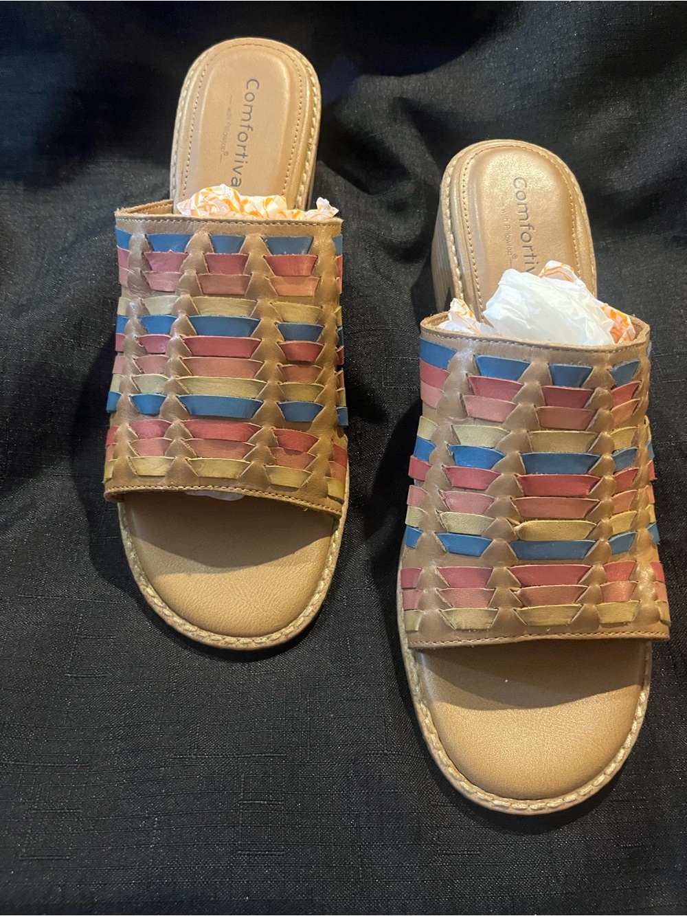 Comfortiva Tan & Multicolored Slide Mules with Blue and Pink Woven Straps